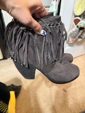 Not Rated Gray Fringe Suede Ankle Booties